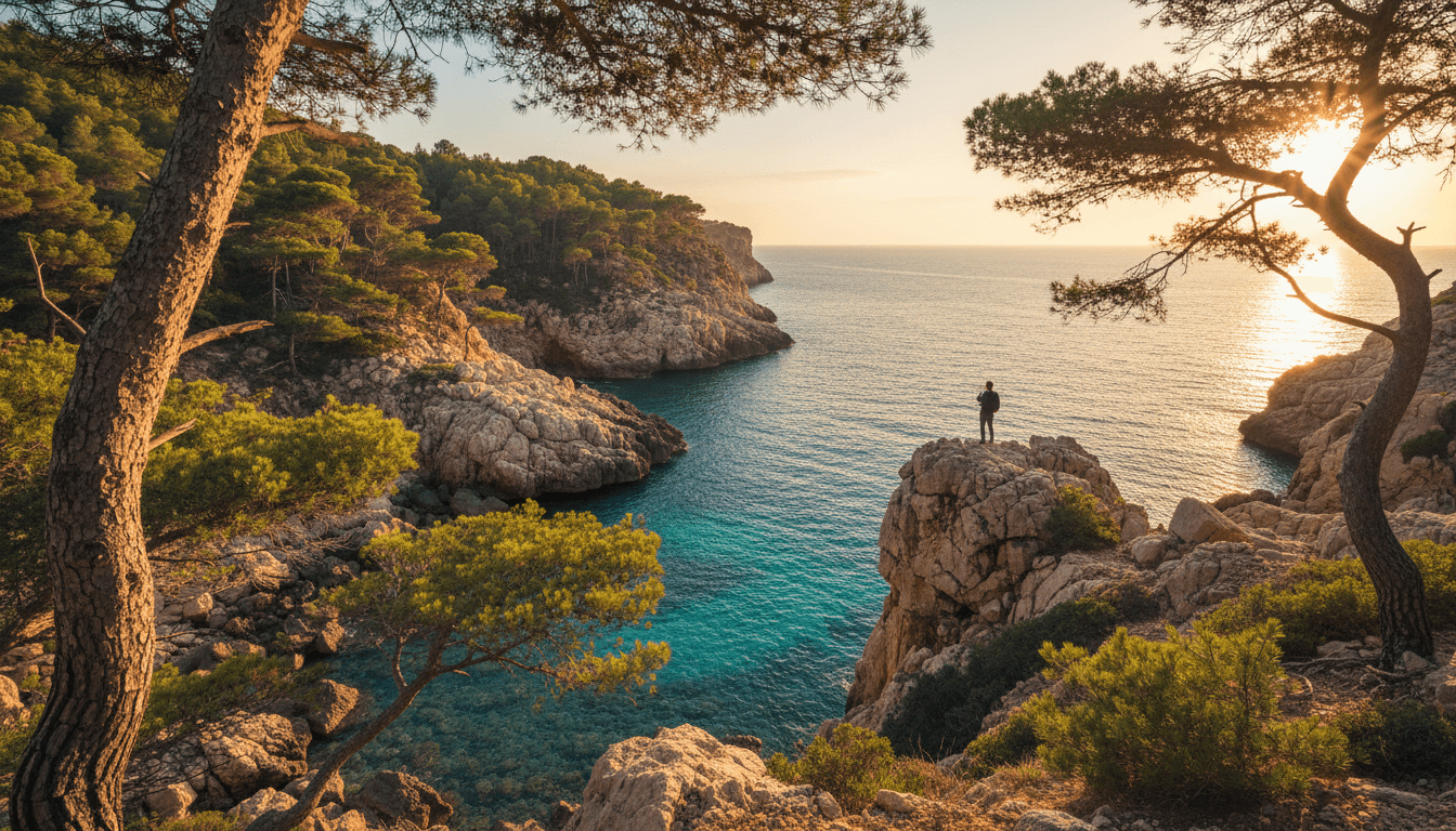 Rugged Mediterranean coastline in Mallorca at golden hour with lone figure overlooking nature