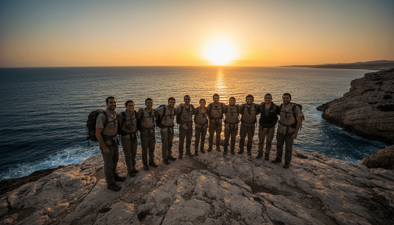 Group of retreat participants standing together on a Mallorca cliff overlooking the Mediterranean at sunset, reflecting on their transformation