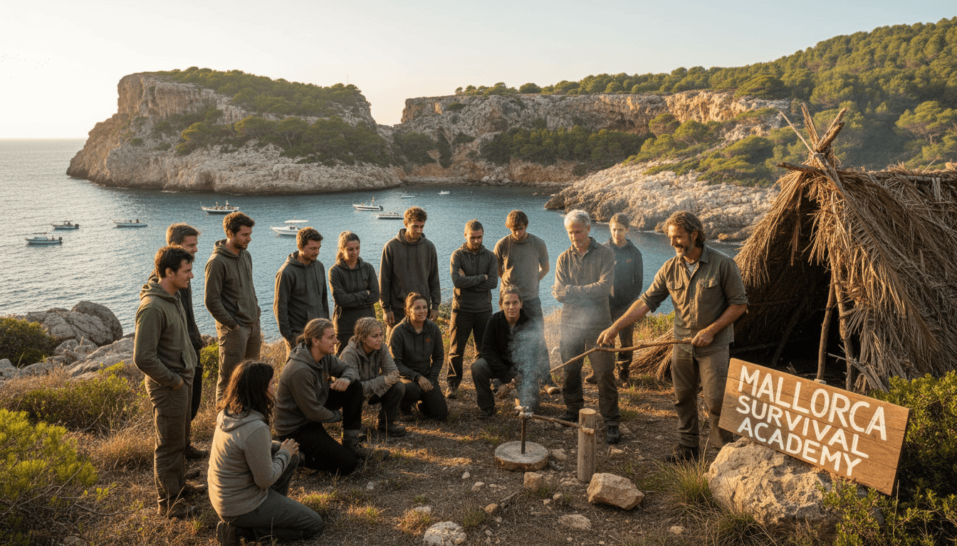 Participants learning survival skills together in a natural outdoor setting on an island