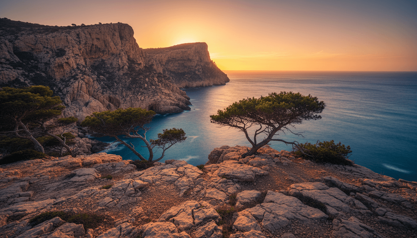 Dramatic sunset view of Mallorca's Mediterranean coastline with rocky cliffs and turquoise waters