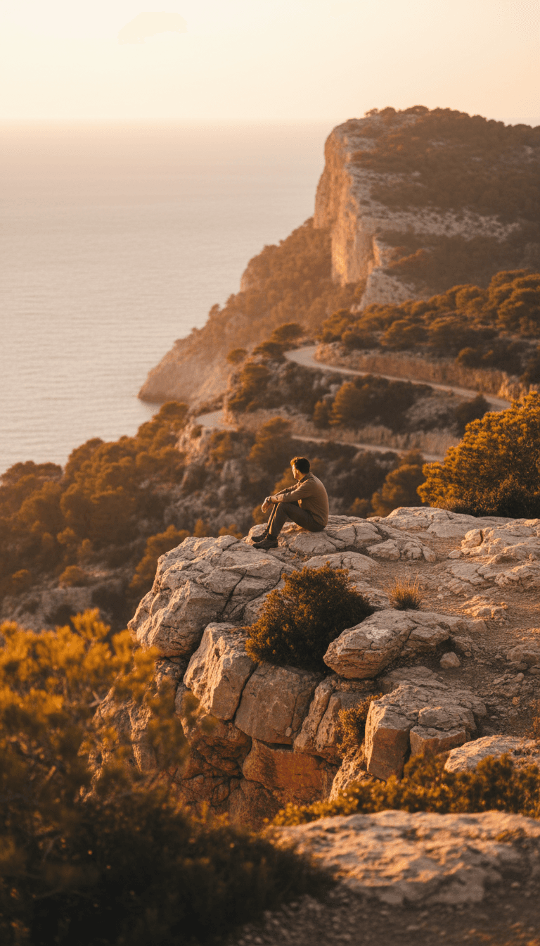Participant reflecting on hilltop overlooking Mallorca coastline at sunset