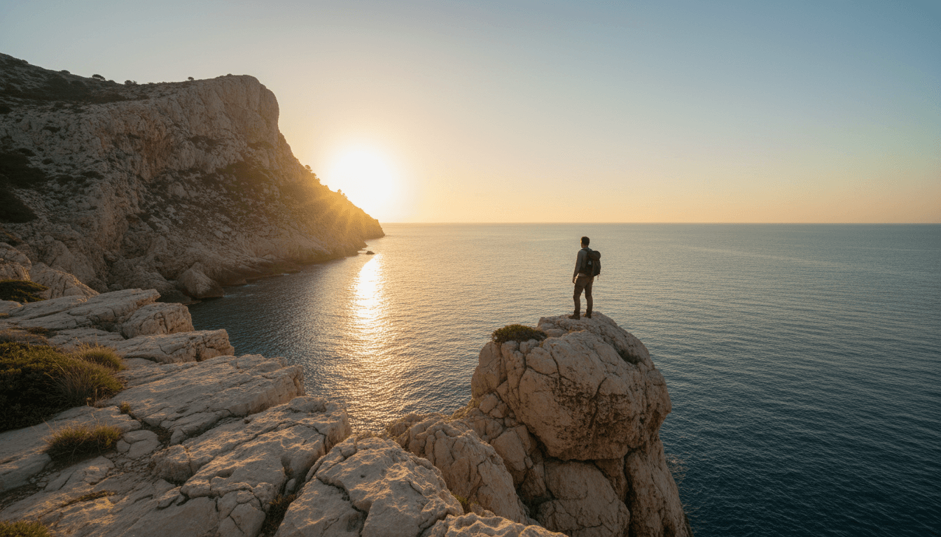Lone figure on a Mallorca cliff at sunset overlooking the Mediterranean Sea