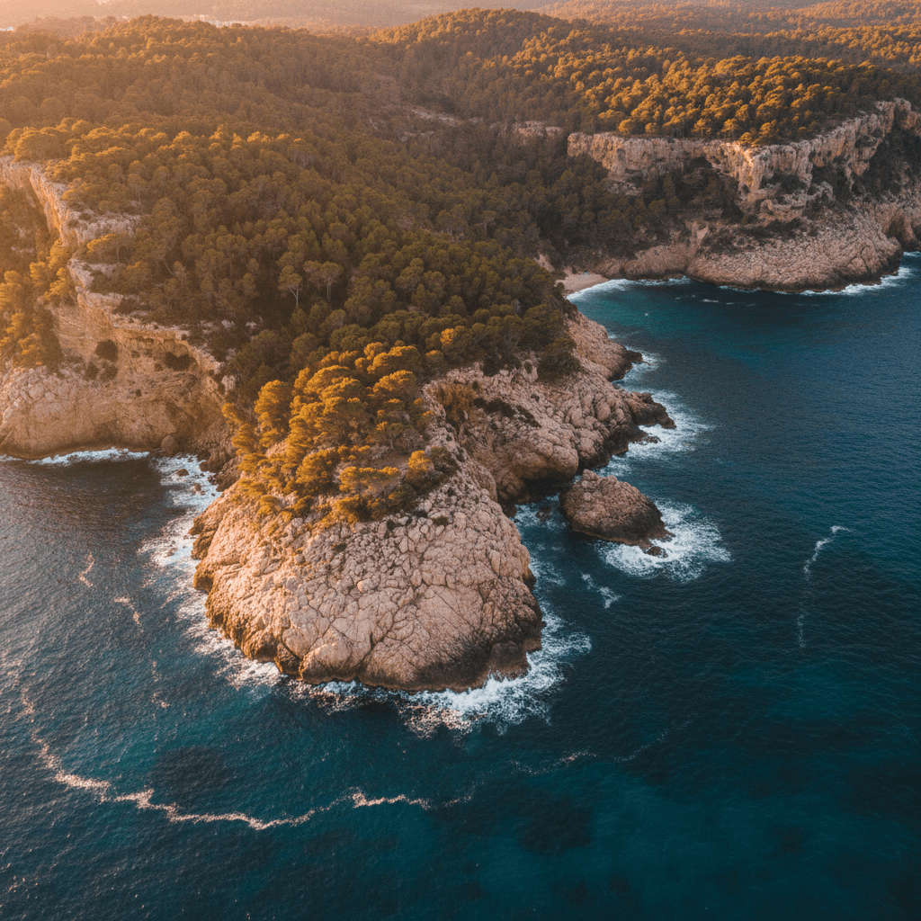 Aerial view of Mallorca coastline at sunset