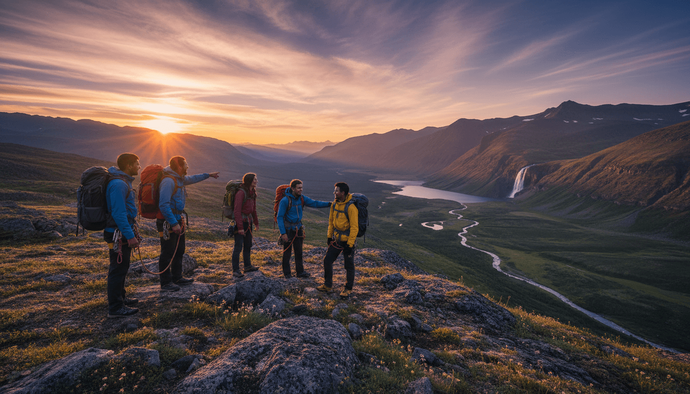 Professional outdoor adventure team in nature with warm lighting and stunning landscape