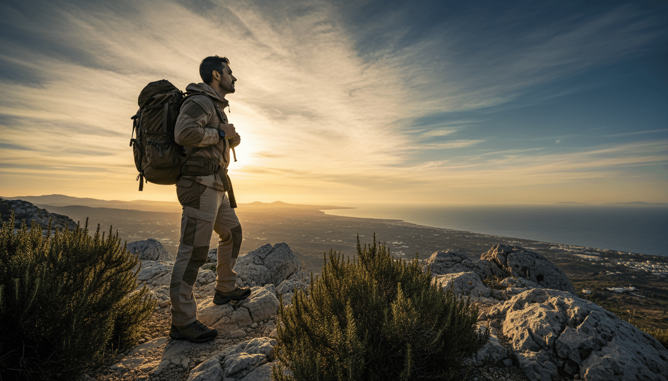 Man standing on a cliff overlooking the Mediterranean landscape in Mallorca at sunset
