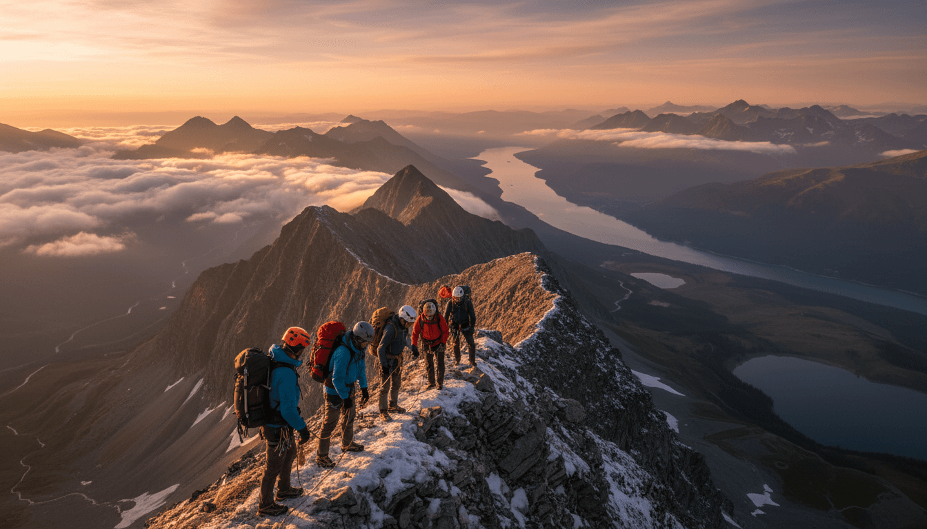 Professional outdoor adventure team in nature with warm lighting and breathtaking scenery