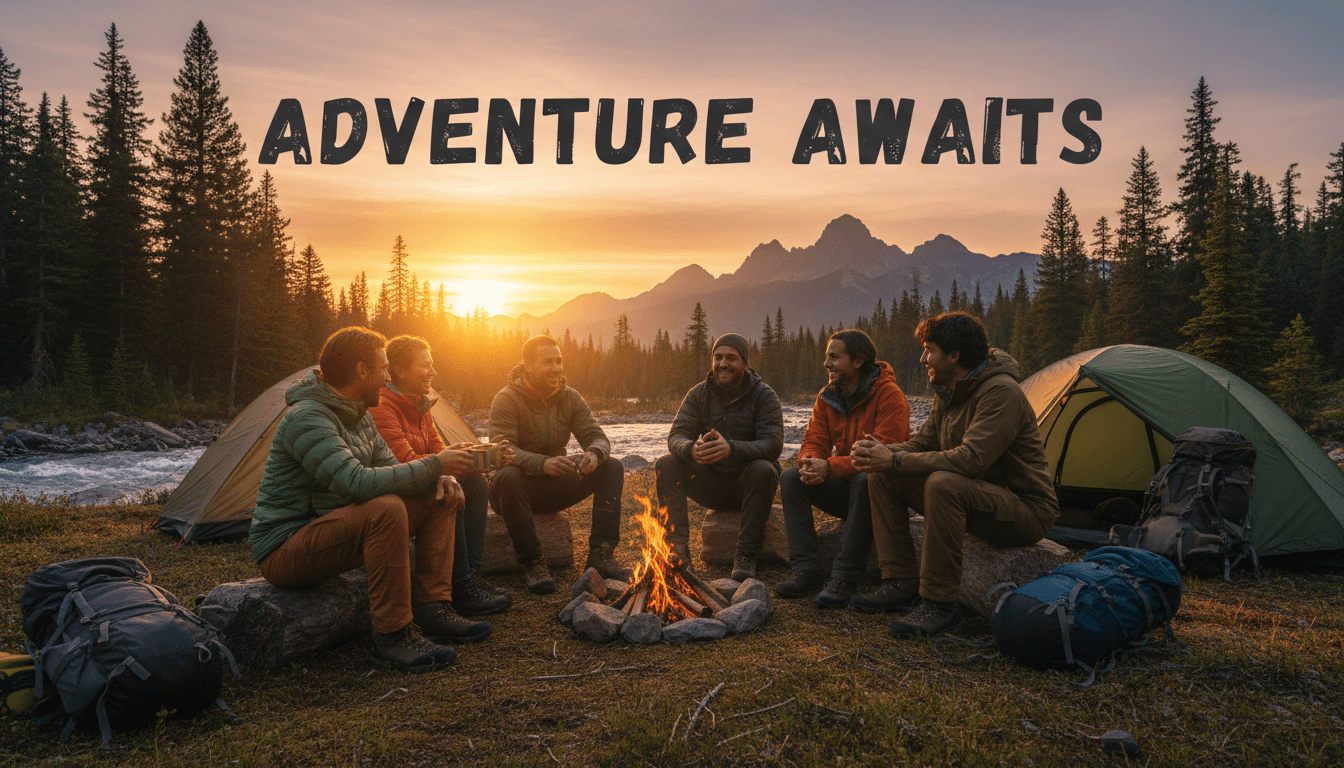 Professional outdoor adventure group in nature with warm lighting and inviting atmosphere