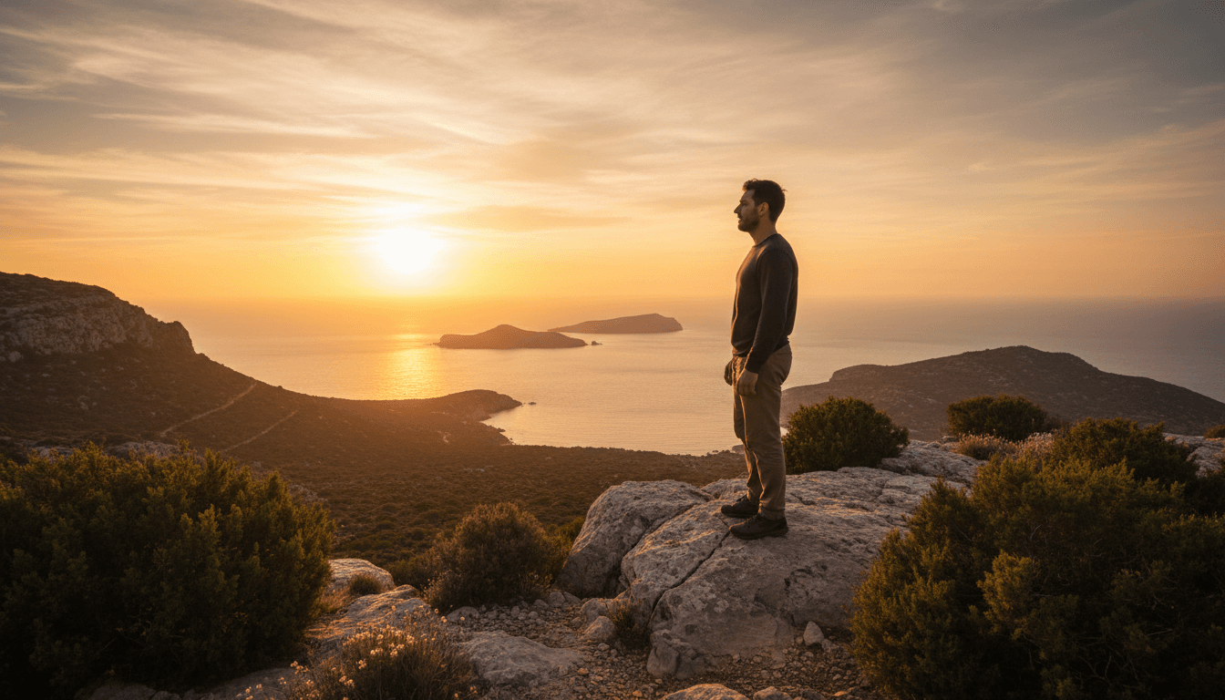 Man standing on rocky cliff overlooking Mediterranean landscape at golden hour sunset in Mallorca