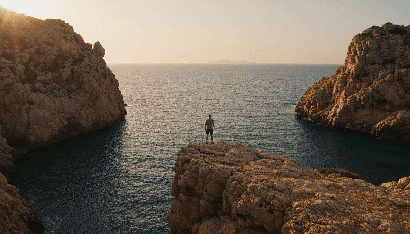 Man standing on a Mallorca cliff overlooking the Mediterranean Sea at sunset