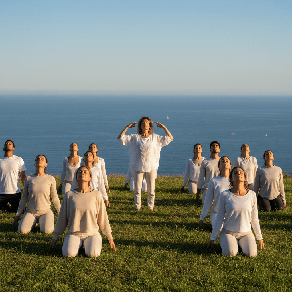 Group breathwork and stress management session outdoors