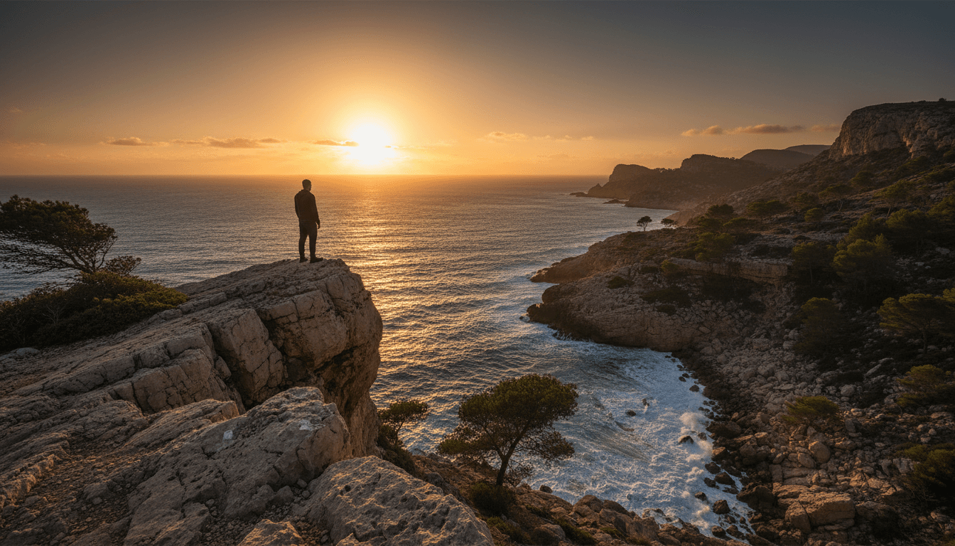 Man overlooking Mediterranean Sea at sunset on Mallorca coastline