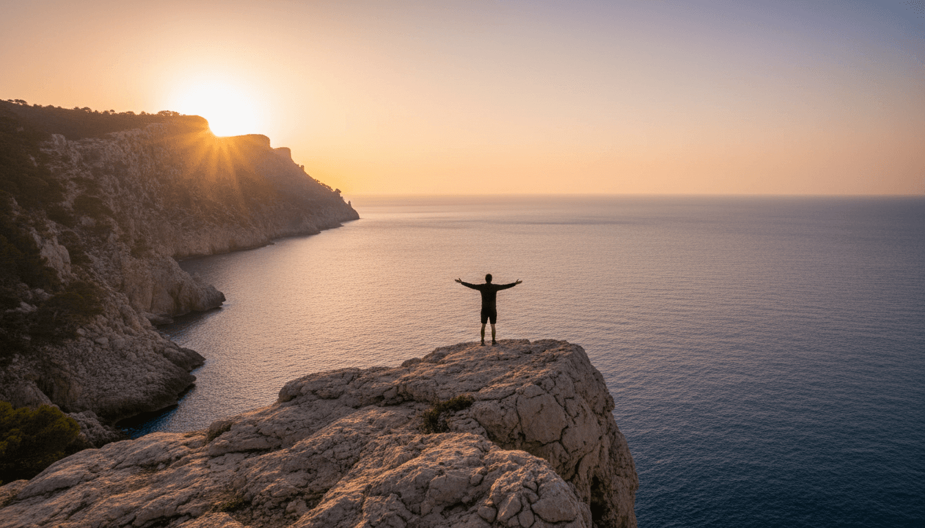 Participant standing on a mountain overlook at sunset, gazing toward the Mediterranean Sea in Mallorca