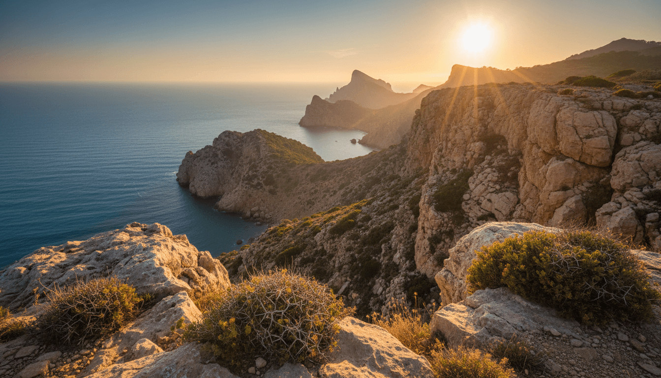 Dramatic Mediterranean landscape in Mallorca showing rugged coastal cliffs and wild terrain at golden hour