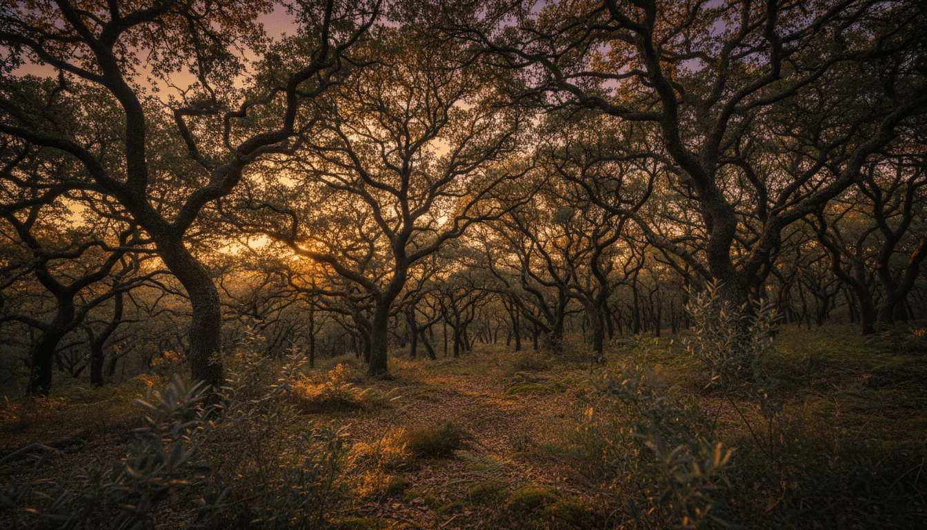 Mediterranean forest canopy at golden hour with filtered sunlight through oak and pine trees