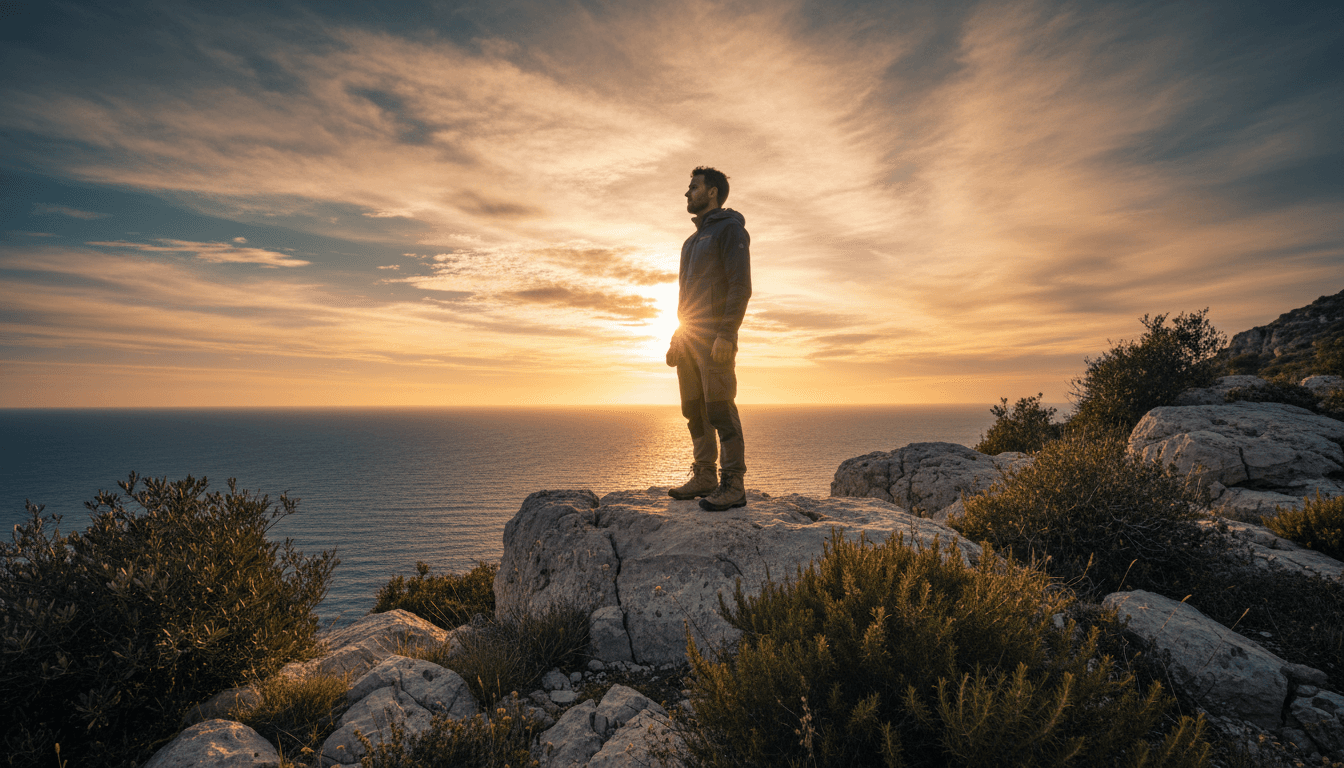 Leader standing on a Mallorca cliff overlooking the Mediterranean at sunset, embodying clarity and resolve