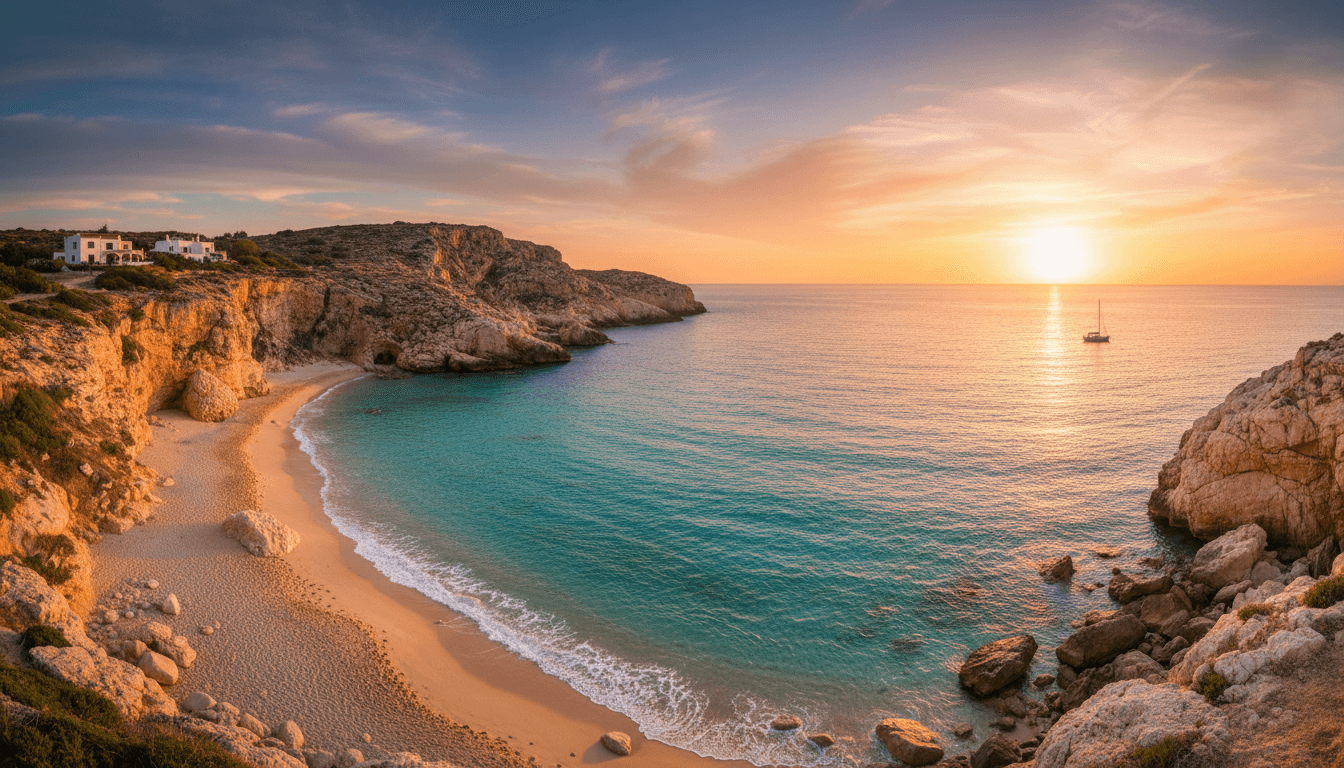 Mediterranean coastline at golden hour with turquoise waters and rocky cliffs in Mallorca