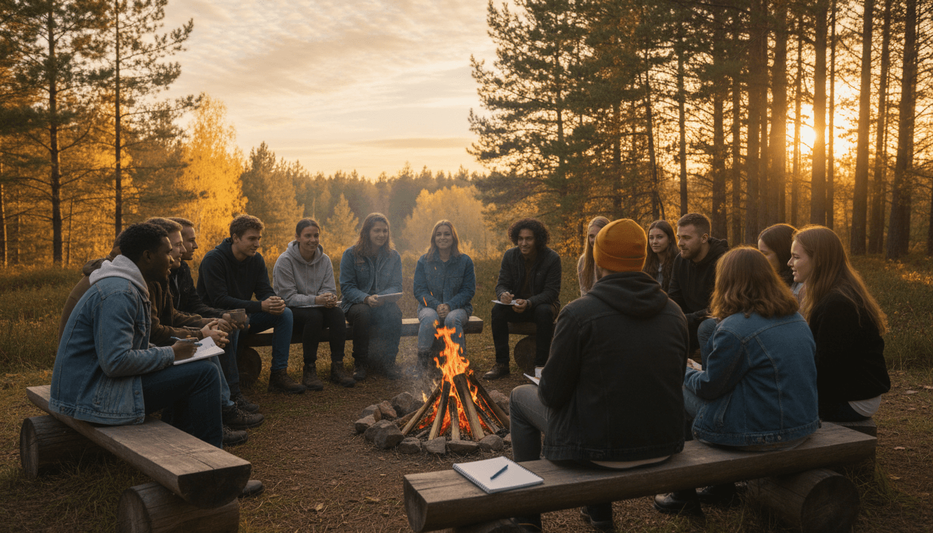 Group dining around fire at dusk