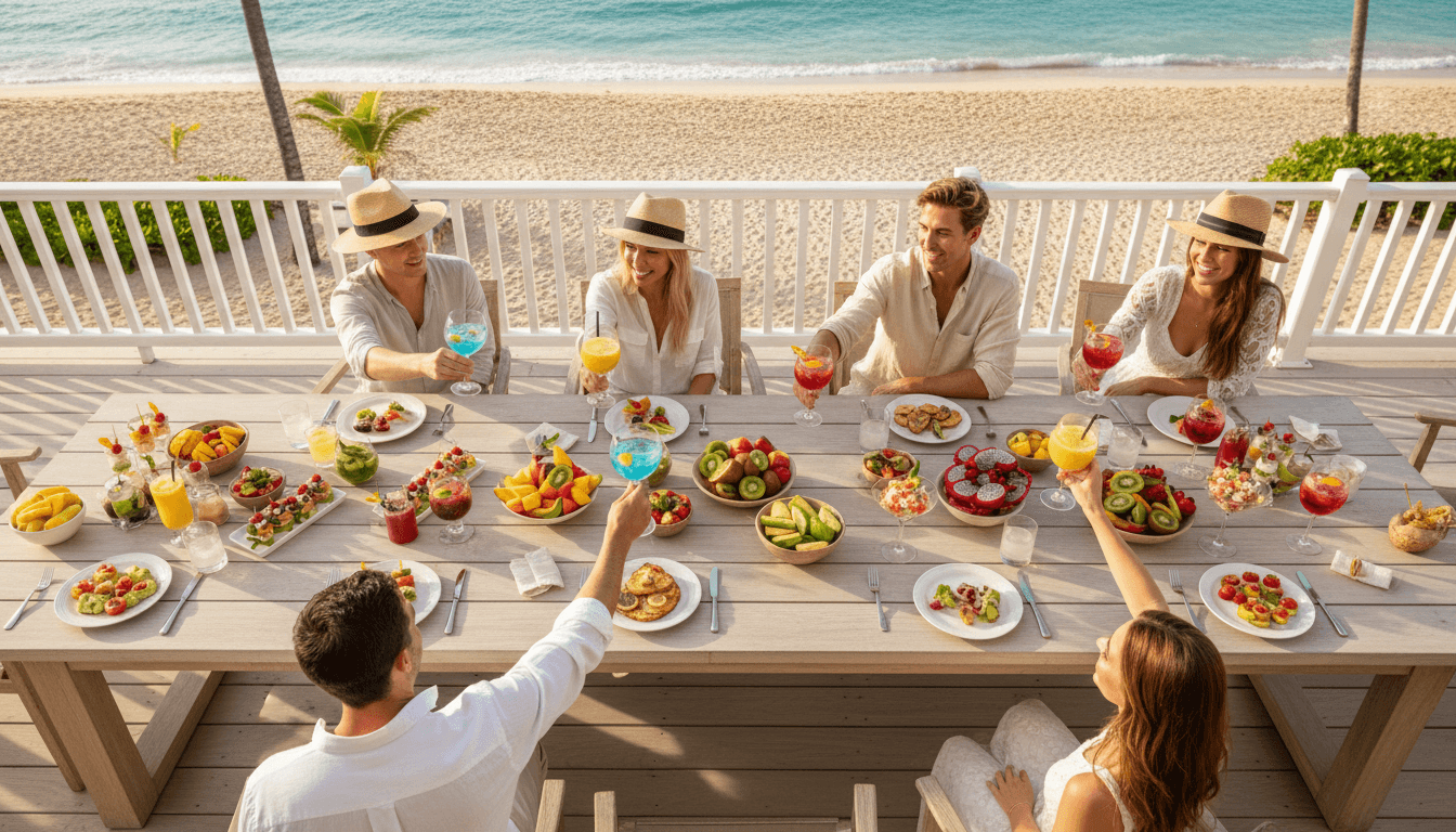 Group celebration meal by the beach