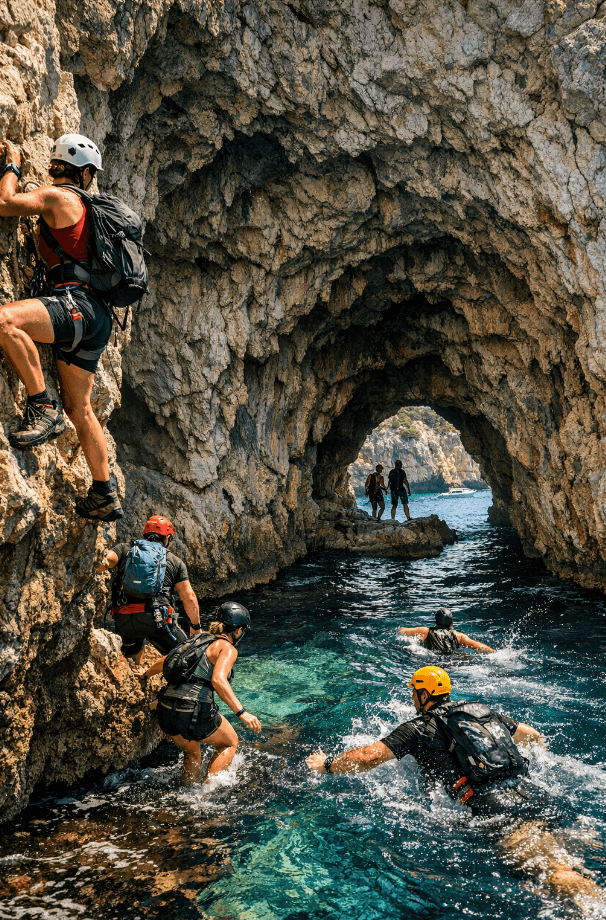 Adventurers wearing helmets and backpacks climb and swim through a scenic, rocky sea cave.