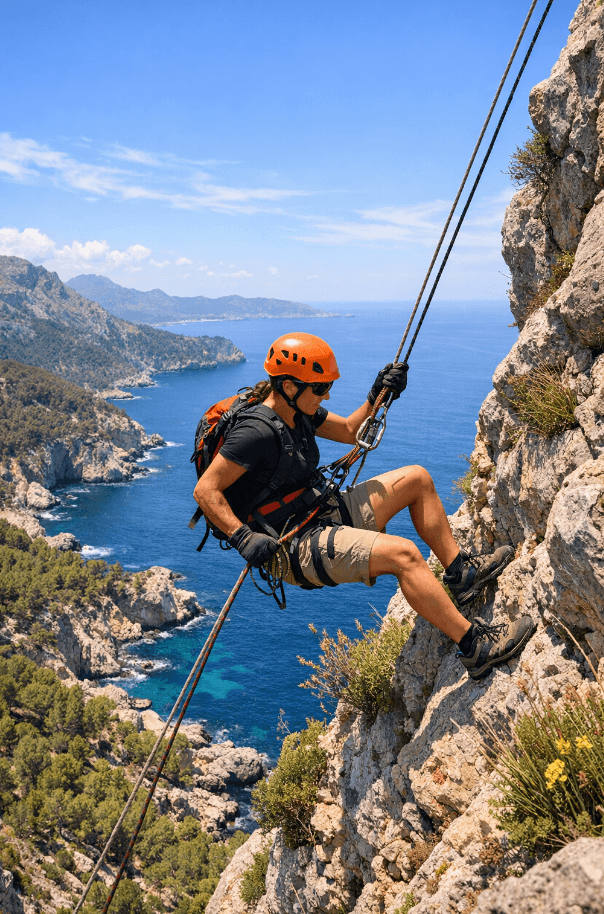 Climber in an orange helmet rappels down a rocky cliff overlooking a blue coastal landscape.