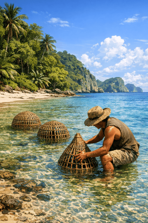Fisherman in a straw hat tending woven bamboo traps in clear tropical water near a lush beach.