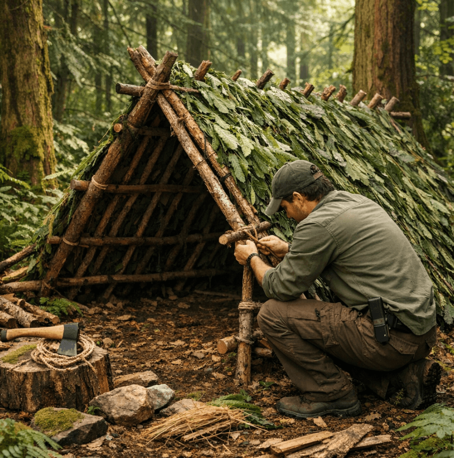Man constructing a survival shelter from branches and leaves in a dense green forest.
