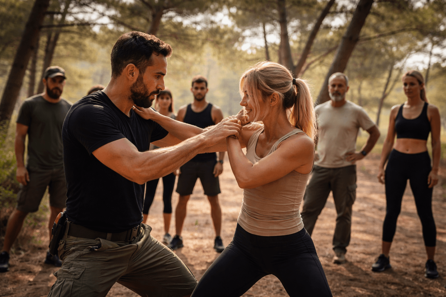 Instructor demonstrates a self-defense technique to a woman during an outdoor forest training session.