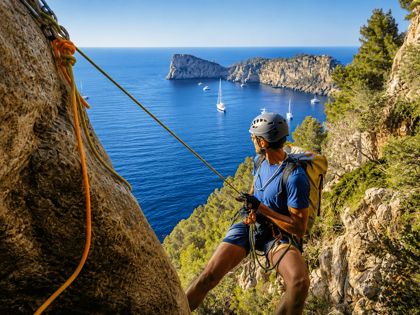 Climber rappelling down a steep cliff overlooking a blue sea with sailboats and rocky islands.