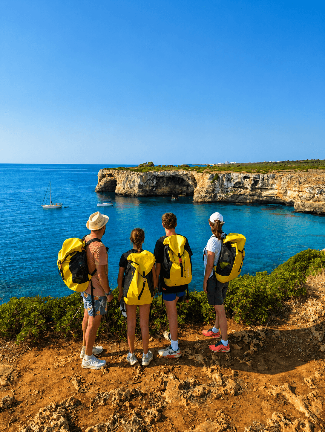 Four hikers with yellow backpacks overlook a blue sea and rocky coastline with sea caves.