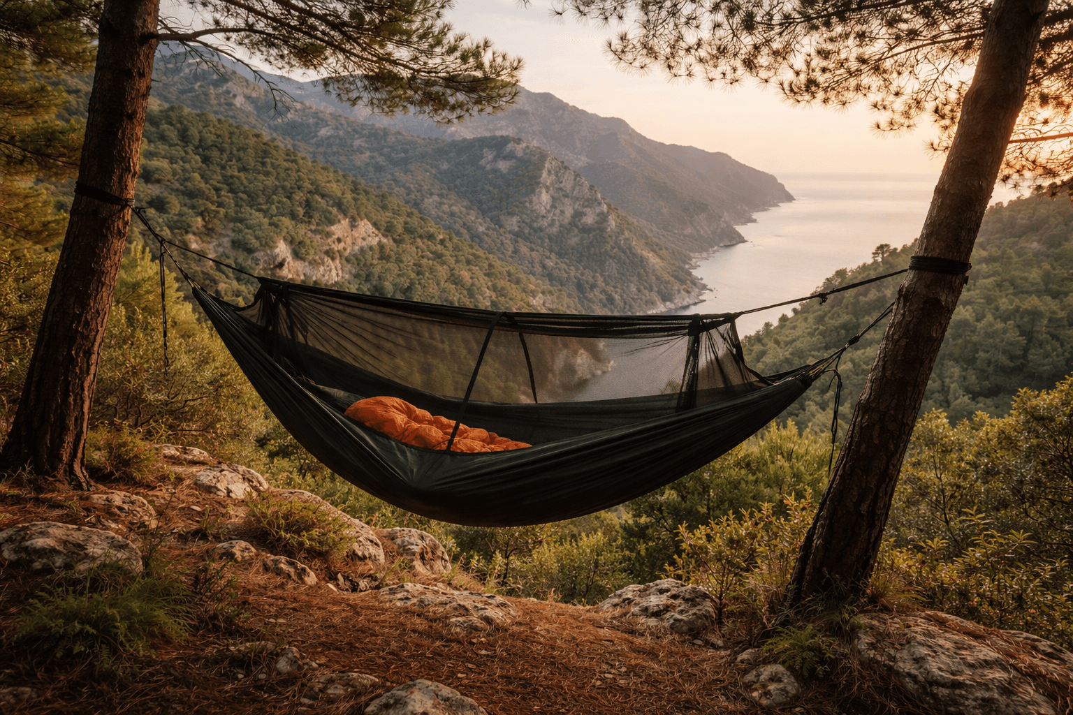 Hammock with orange sleeping bag suspended between trees overlooking a scenic coastal mountain landscape.